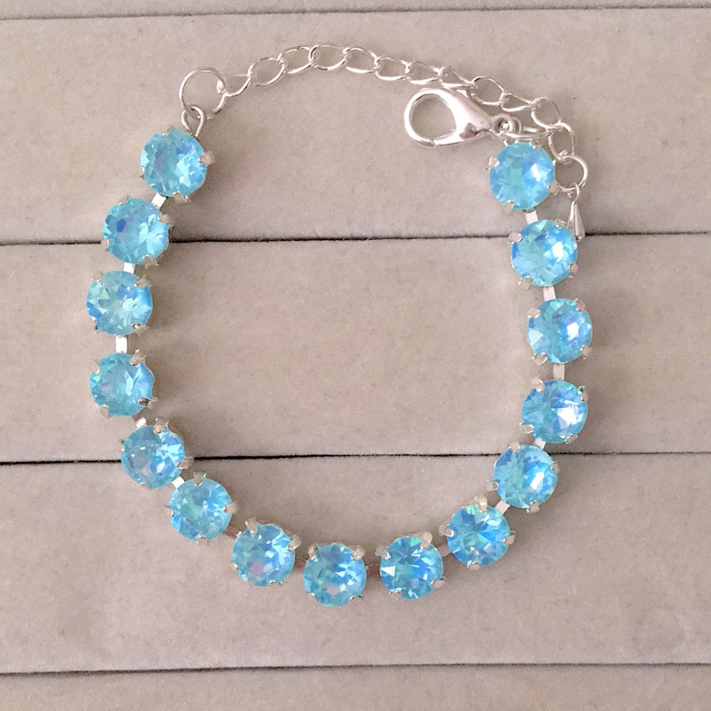 Aquamarine Opal Aurora Borealis + Silver Crystal Tennis Bracelet - Picture 5 of 9